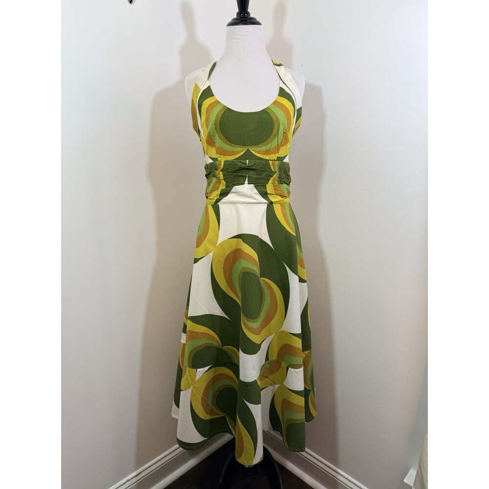 TOTEM Dress 4 Chartreuse Swirl 100% Cotton Fit N Flare VTG Inspired Summer Night - Picture 2 of 13